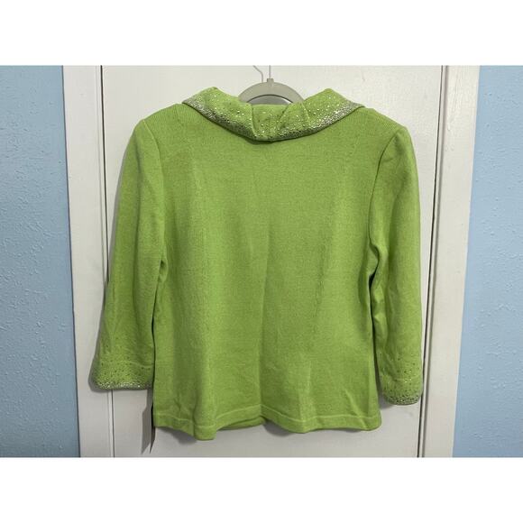 Toula Wool Blend Cardigan Sweater Size 12 Lime Green Rhinestone Ruffled Collar - Picture 6 of 9